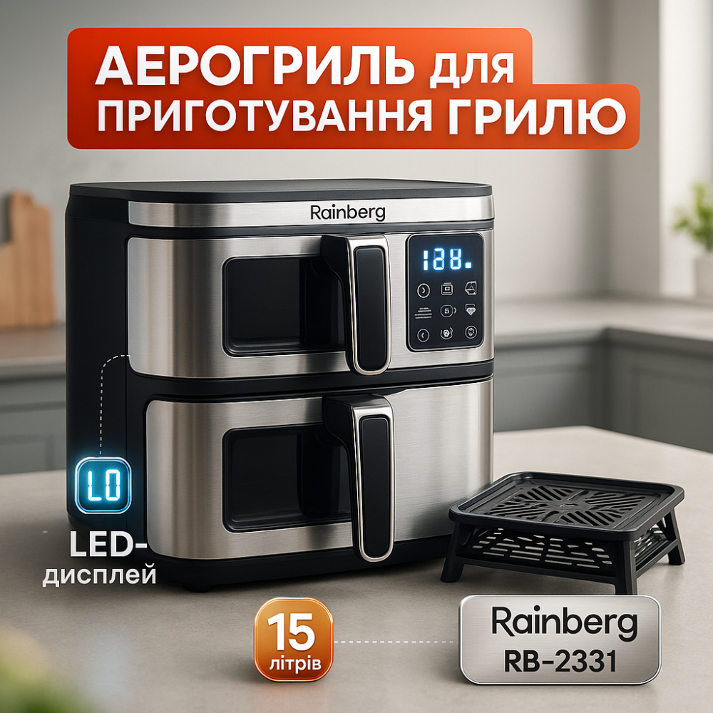 Большая аэрофритюрница 15л на 2 чаши Rainberg RB-2331 Аэрогриль усиленной мощностью 4800Вт с дисплеем OG-32 Львов - изображение 18