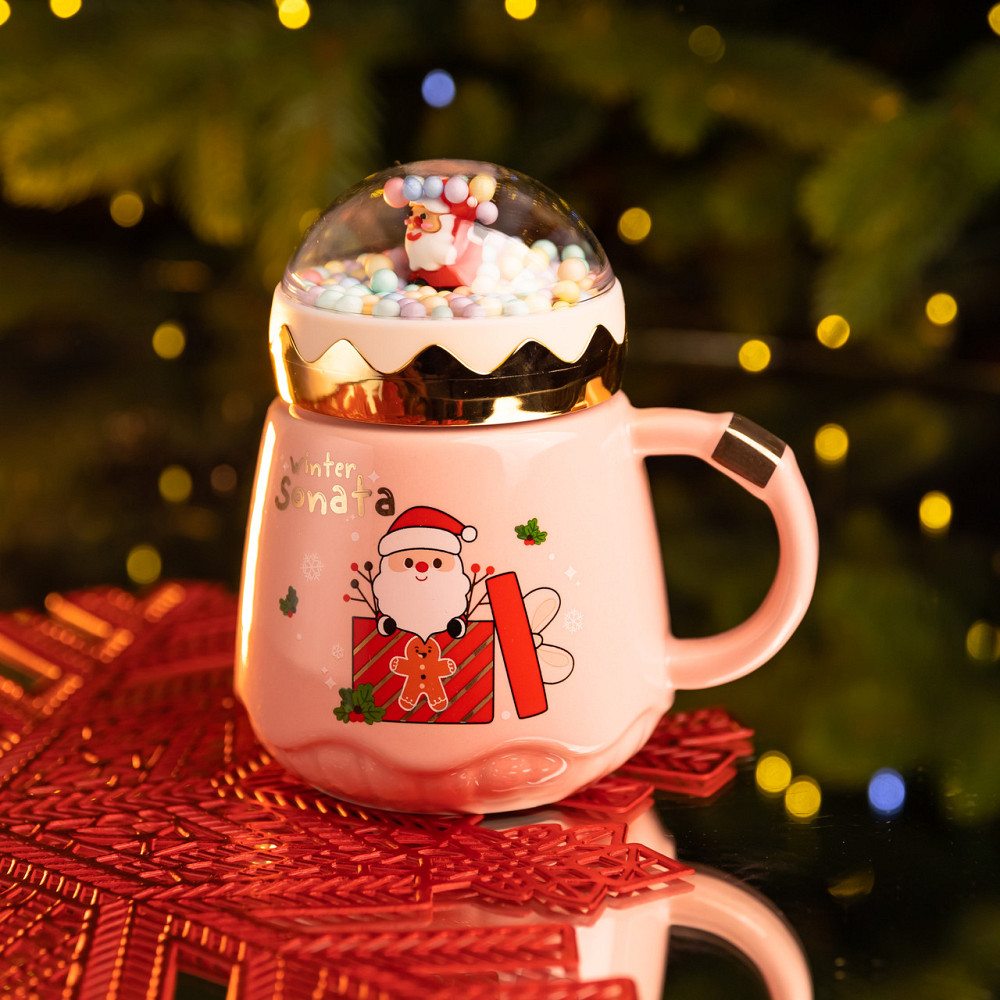 Чашка порцелянова з кришкою Christmas 400 (мл) Рожева Yiwu FM-CS-41C Коломия - фото 2