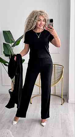 Женский базовый прогулочный костюм тройка: кардиган футболка и штаны трикотажный рубчик Черный, 52/54 Одесса