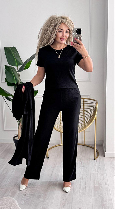 Женский базовый прогулочный костюм тройка: кардиган футболка и штаны трикотажный рубчик Черный, 52/54 Одесса - изображение 5