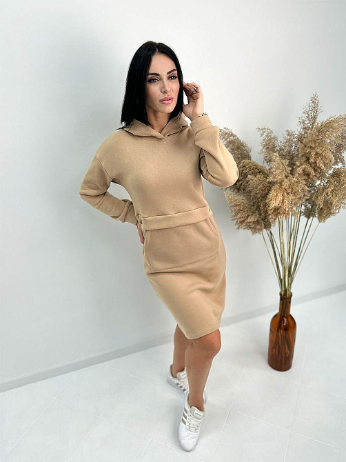 Тепле плаття-худі на флісі "Solo" оптом | Норма і батал Капучіно, 50-52 Київ - фото 3