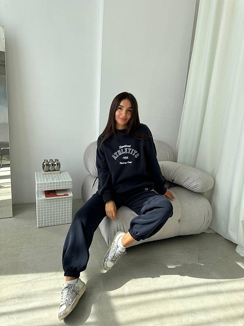 Жіночий теплий костюм у спортивному стилі з накатом тринитка на флісі Темно-синій, 46/48 Одеса - фото 4