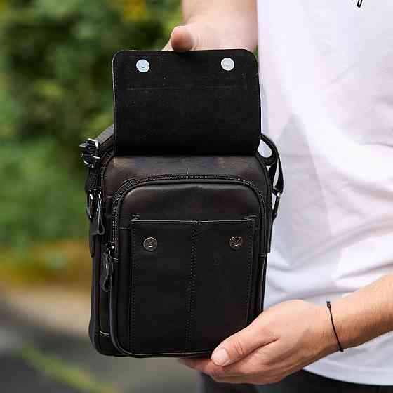 Сумка-барсетка мужская через плечо кожаная гладкая черная Tiding Bag TD-55467 Каменское
