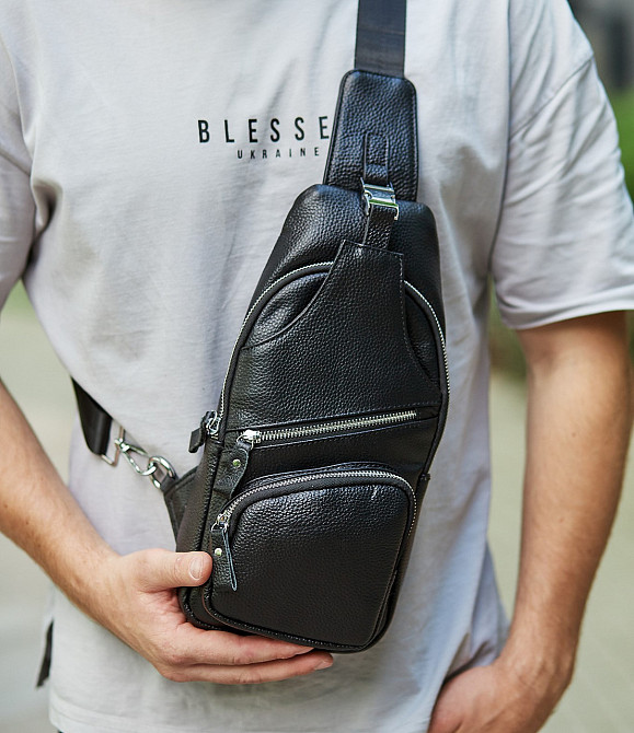 Мужская кожаная сумка-слинг 17х32х7, бананка для роботы и офиса TIDING BAG - MK-96303 черная Киев - изображение 7