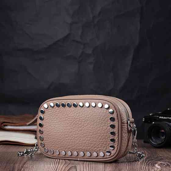 Жіноча шкіряна сумка декорована металевими кнопками Бежева (Vintage) Київ