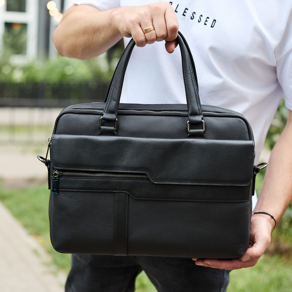 Мужская деловая сумка из кожи 39х29х10, классический портфель для ноутбука и офиса, черный Каменское - изображение 8