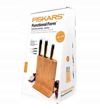 Кухонный Набор Ножей 3 предмета в бамбуковом блоке Fiskars 