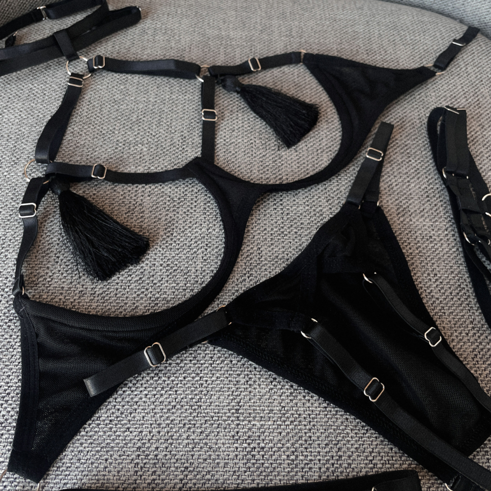 Еротичний комплект з відкритим доступом пестісами гартерами і чокером S/M/L Чорний Вінниця - фото 6