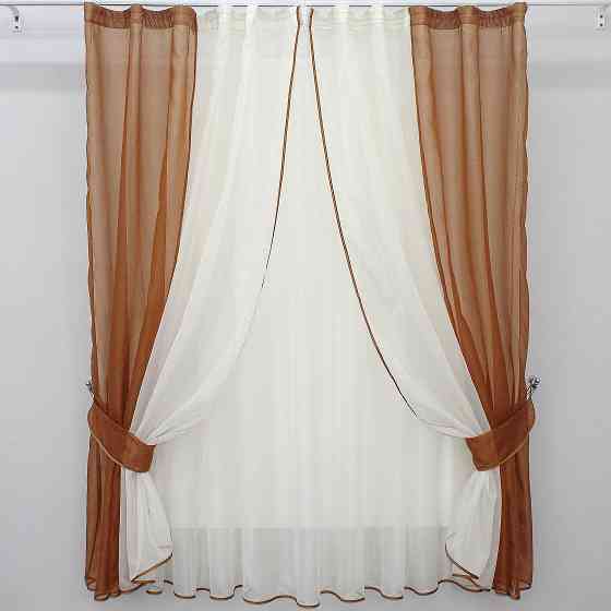 Кухонный комплект VR-Textil № 038к шторки и тюль коричневый с бежевым 280х170 см (50-811) Киев