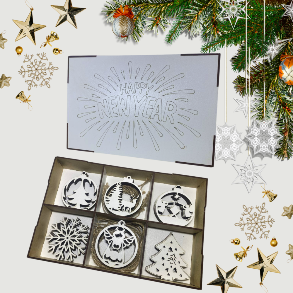 Набір дерев'яних іграшок на ялинку «Happy New Year» у кробці 30 шт, шість видів прикрас, розмір 27х18х4,5 см Кам'янець-Подільський - фото 7