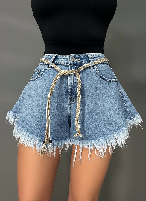 Шорты женские джинсовые Liana 4-036 расклешенные A-силуэт с бахромой и поясом голубые, голубой, З2, 32, 83 см Киев - изображение 7