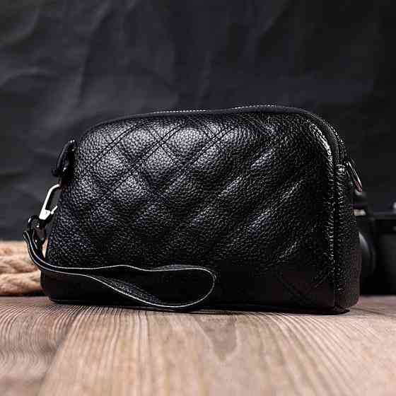 Жіноча сумка прошита ромбами на лицьовій стороні з натуральної шкіри Vintage 22807 Чорний Київ