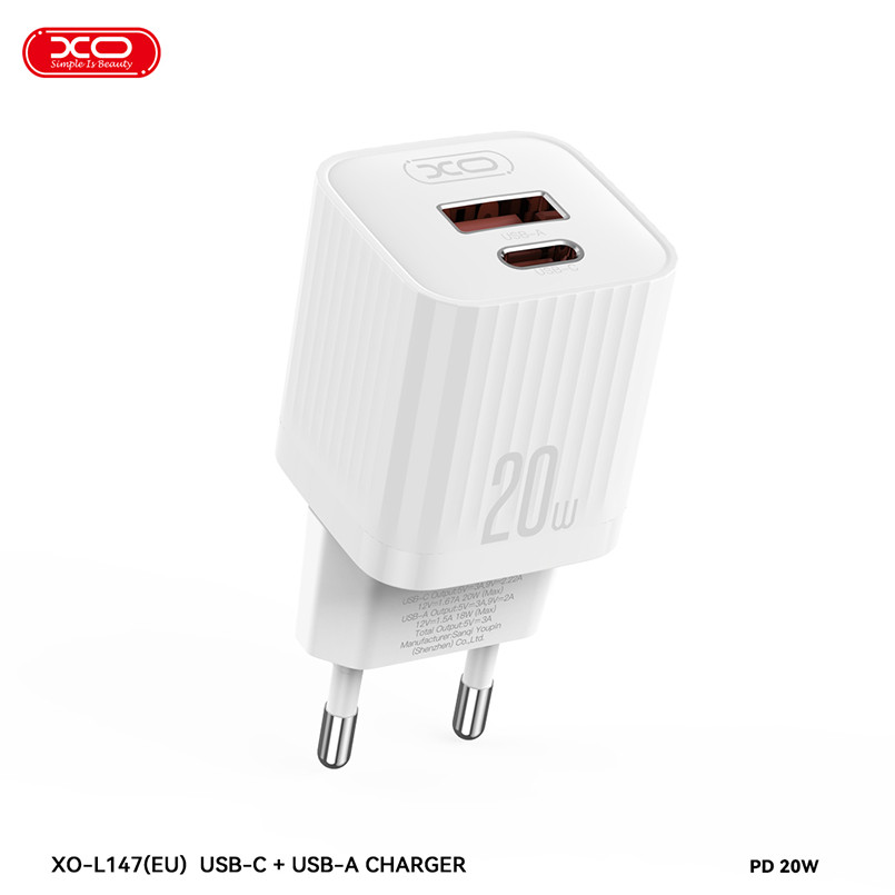 Мережевий зарядний пристрій XO L147 PD20W 1USB-A+1USB-C + Lightning cable білий Львів - фото 2