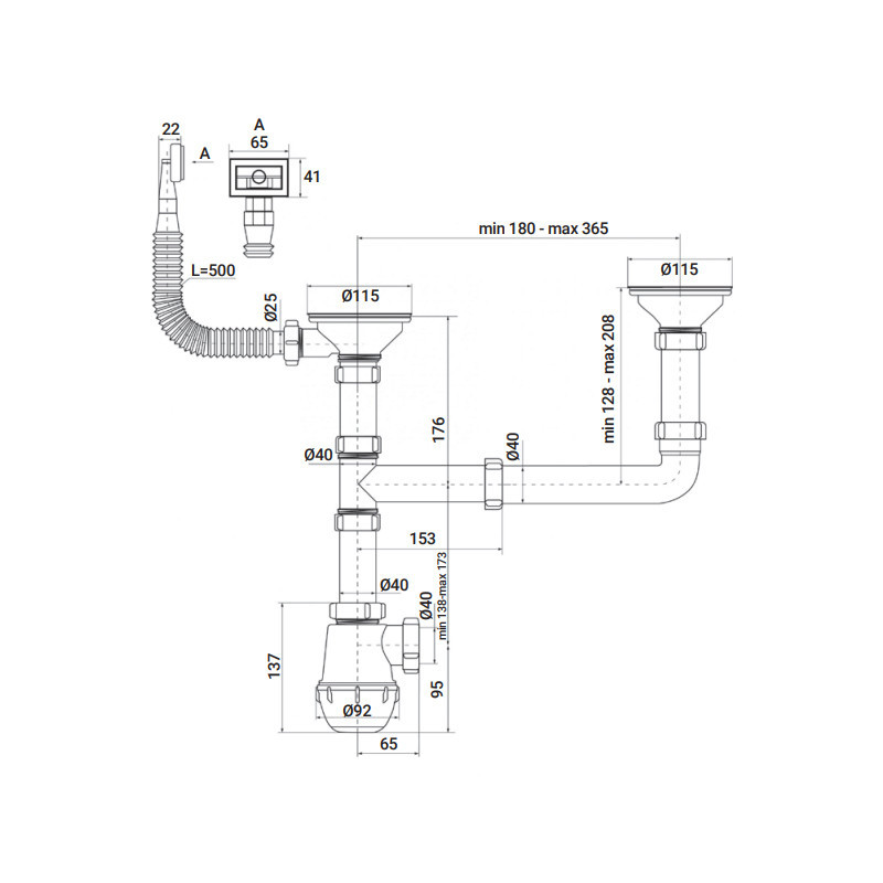Сифон для кухні Zerix SK-03-A 3 1/2"x40 з двома різьбовими випусками та відводом для пральної машини Харків - фото 2