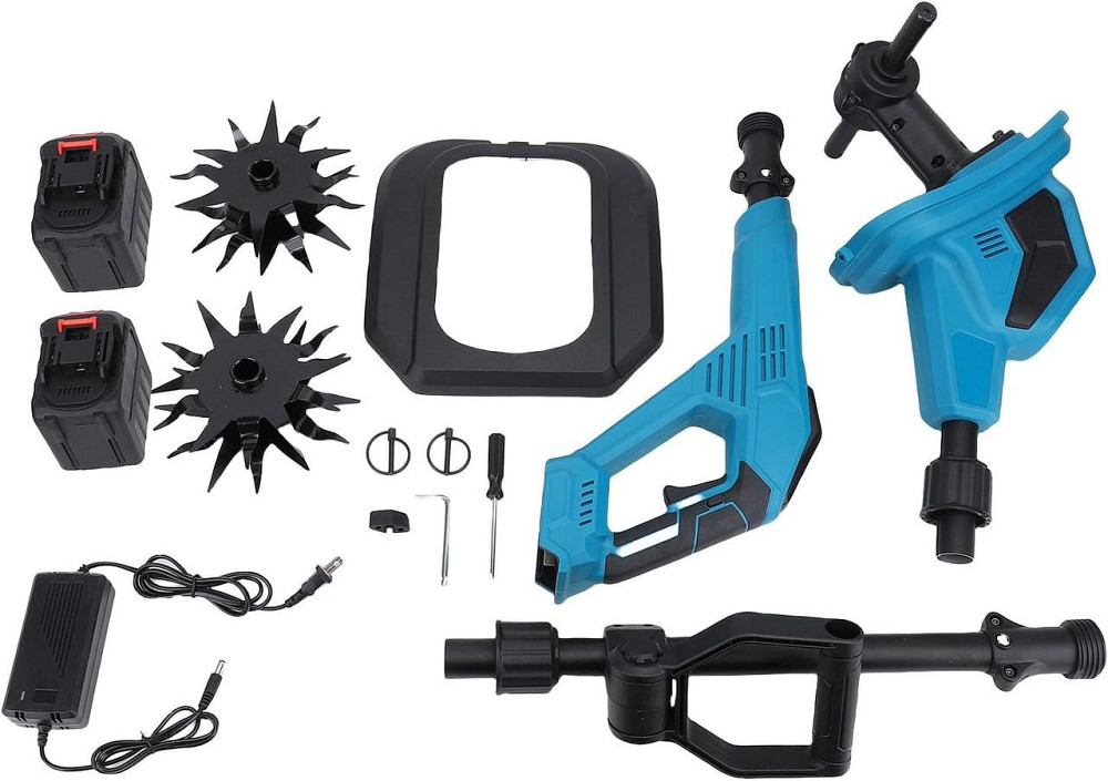 Культиватор садовий із подвійною фрезою для розпушування та прополювання городу бездротовий + 2 акумулятори Синій Вінниця - фото 7