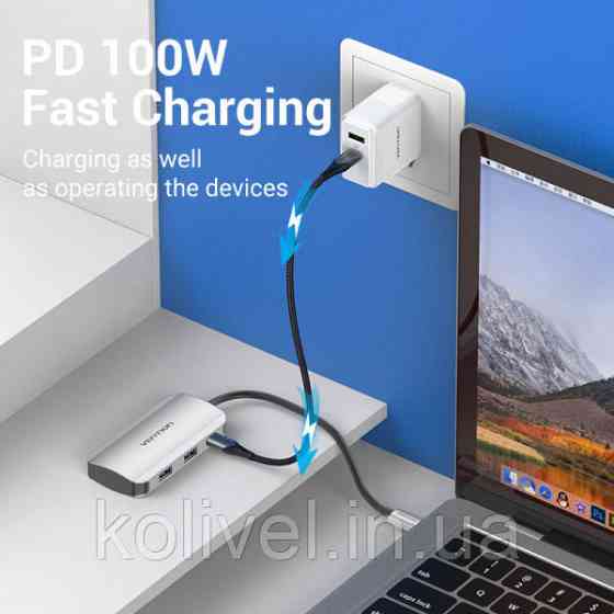 Хаб USB 3.1 Type-C -> 4хUSB 3.0/PD 100W 5-in-1 Vention (TNBHB) Київ