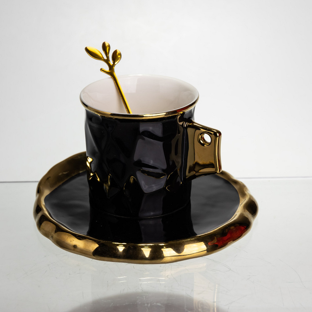 Чашка фарфоровая для кофе 200 (мл) с блюдцем и ложкой,красивая чашка в подарок Черный с золотом FM-1A SBR Киев - изображение 2
