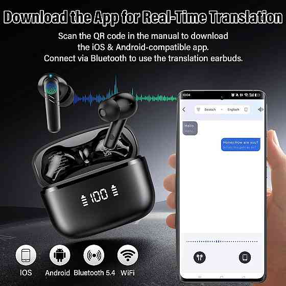 Навушники-перекладач MD037 чорні AI Bluetooth 5.4, 144 мови, 48 год, 4 режими перекладу, ENC, сенсорні, бездротові Київ