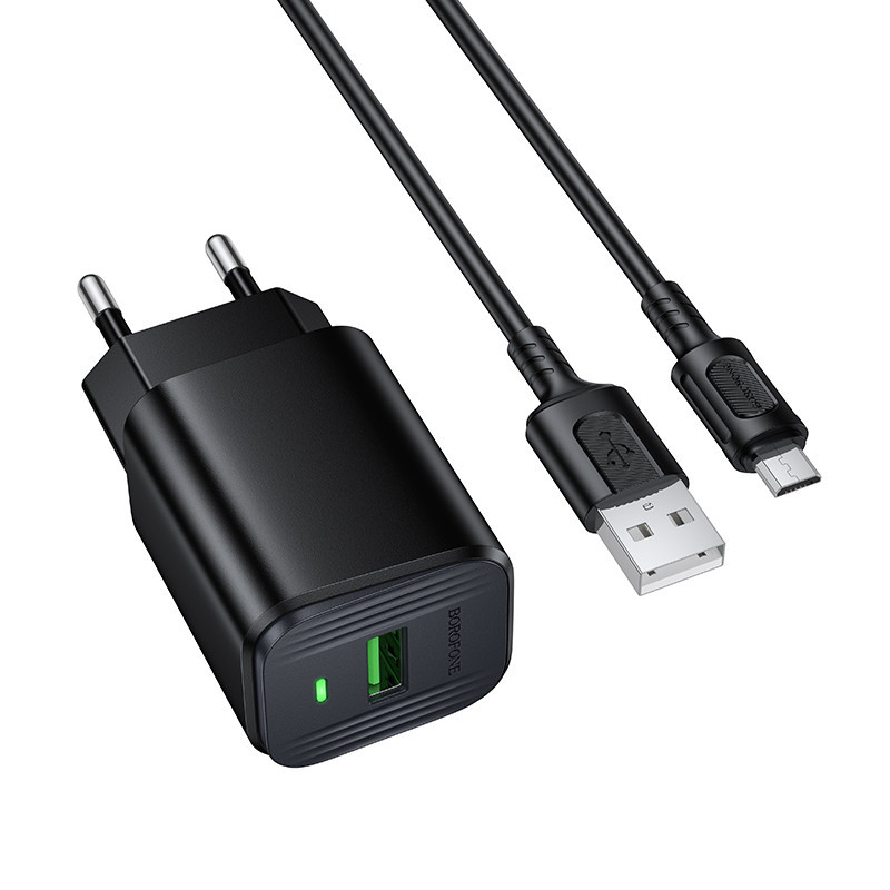 Мережевий зарядний пристрій з кабелем BOROFONE BAS82A Star single port QC3.0 charger set (Micro) (EU) Black Одеса - фото 1
