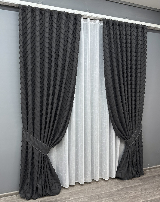 Комплект штор VR-Textil Лен Букле 150х270 2шт и Тюль 500х270 1810ш-115т Графитовый с белым 71-038/4 Киев - изображение 2