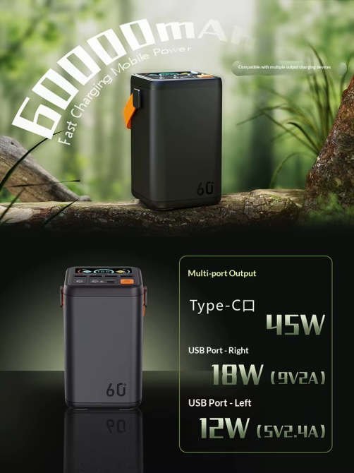 Повербанк O2 Project P YT-2430 45W 60000 mAh с быстрой зарядкой, фонариком и цветным дисплеем (Черный) Киев - изображение 7