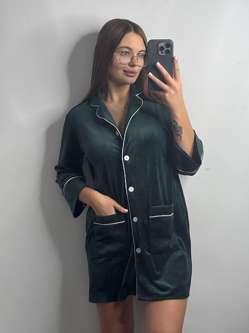 Женская рубашка-халат плюш-велюр Изумрудный M-L Харьков - изображение 3