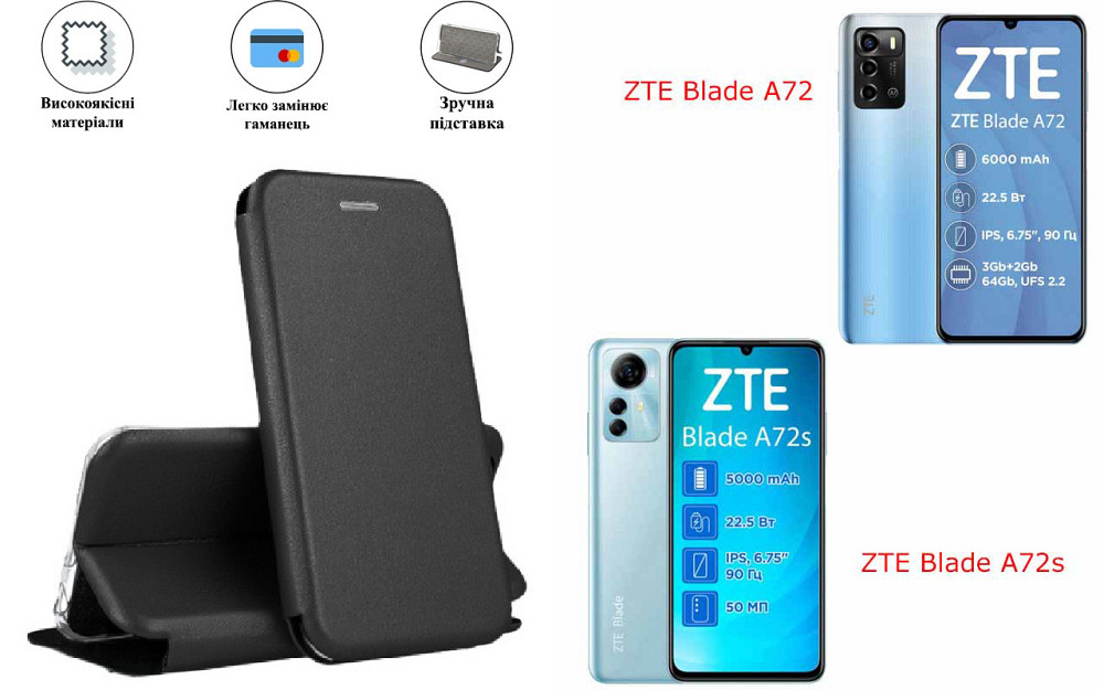 Чехол-книжка с силиконом для ZTE Blade A72, Blade A72s, черный Киев - изображение 1