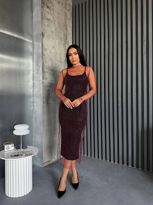 Женская элегантная вечерняя миди-платье вискоза и сетка молния Бордовый, 42/44 Одесса - изображение 1