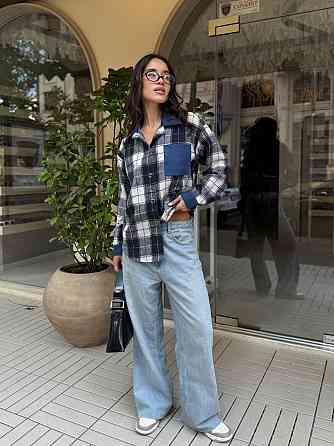 Женская стильная рубашка в клетку с джинсовыми вставками турецкая байка Серый, 50/52 Одесса