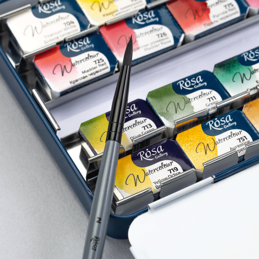 Набір акварельних фарб з пензлем BOTANICAL 28×2,5мл кювета Індіго металевий пенал ROSA Gallery Київ - фото 7