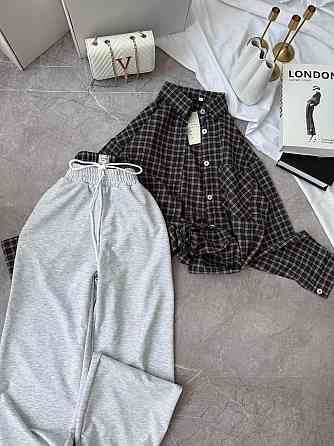 Женский повседневный костюм двойка: рубашка в клетку и штаны фланель + двунитка Шоколад 2, 48/52 Одесса