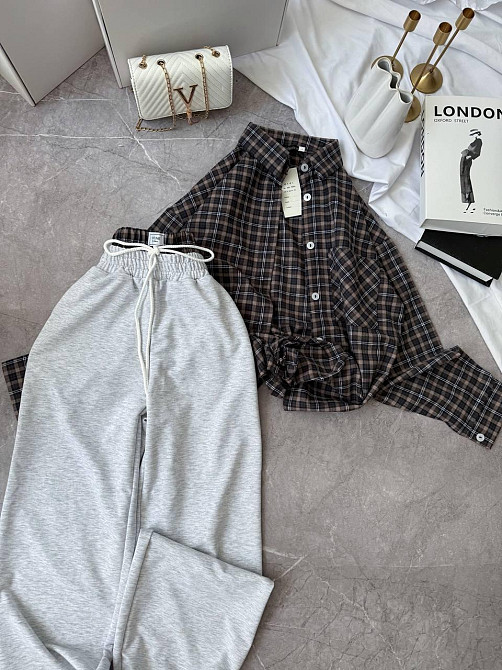 Женский повседневный костюм двойка: рубашка в клетку и штаны фланель + двунитка Шоколад 2, 48/52 Одесса - изображение 1