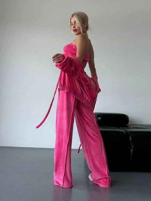 Женский прогулочный плюшевый костюм тройка: кофта топ и штаны велюр-плюш Малина, 46/48 Одесса - изображение 4