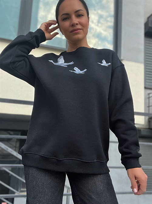 Світшот жіночий Pepper&mint 24-18 вишивка птахи оверсайз утепленний чорний, чорний, M Київ - фото 9