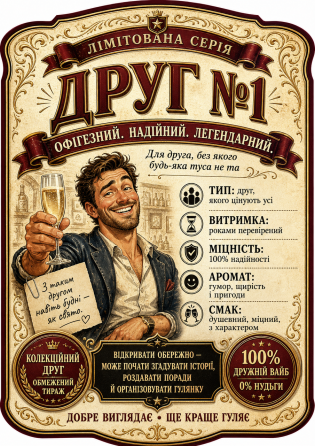 Етикетки на пляшку вина або ігристого для друга “Друг №1” | Прикольний подарунок другу | Комплект етикетка + контретикетка Одеса