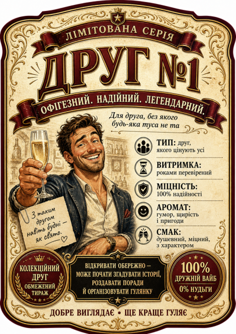 Етикетки на пляшку вина або ігристого для друга “Друг №1” | Прикольний подарунок другу | Комплект етикетка + контретикетка Одеса - фото 1