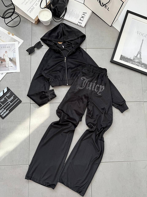 Женский стильный костюм двойка в стиле спорт шик со стразами на ягодицах велюр Черный, 46/48 Одесса - изображение 8