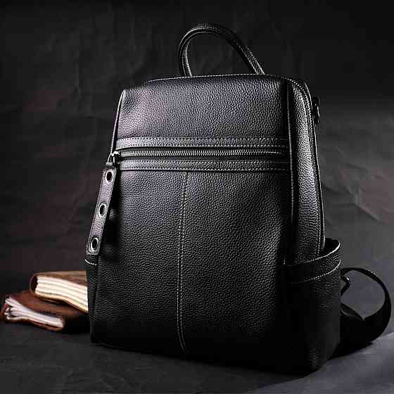 Місткий жіночий рюкзак-сумка прошитий білим рядком з натуральної шкіри Vintage 22314 Чорний Київ