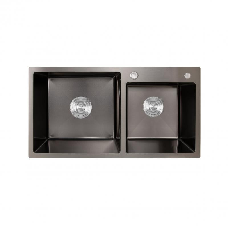 Мойка для кухни с нержавеющей стали на две чаши интегрированная Lidz Handmade H7843 Brushed Black PVD черная Киев - изображение 1
