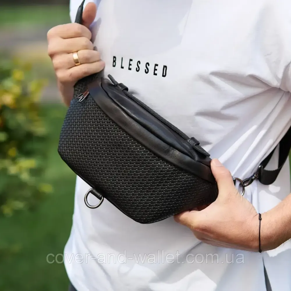 Стильная мужская кожаная сумка бананка с фирменным плетением Puos (черная) Киев - изображение 3