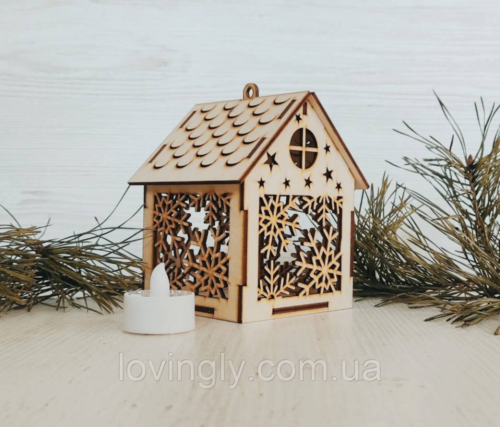 Праздничный домик-ночник из дерева с LED подсветкой 13 см - идея для подарка Ирпень - изображение 2