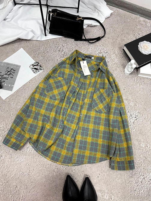 Женская повседневная оверсайз рубашка в клетку фланель 100% коттон Желтый, 48/52 Одесса - изображение 2