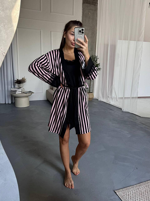 Жіночий домашній комплект: штани + майка + шорти + халат котон Рожевий, 44/46 Одеса - фото 3