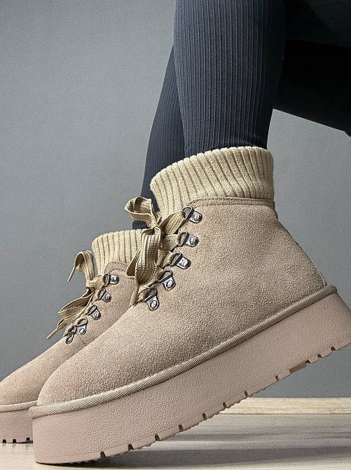 Угги женские Hengji 007-3 замшевые шнуровка с носком бежевые, 36, 23 см Киев - изображение 11