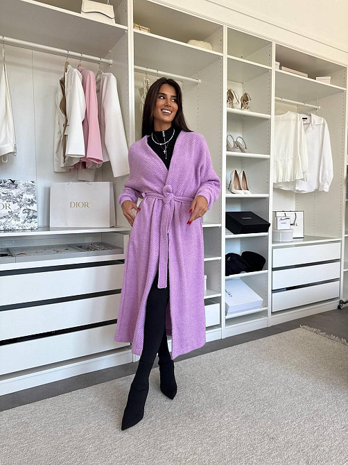 Жіночий затишний довгий кардиган із поясом Альпака. Лаванда Одеса - фото 9