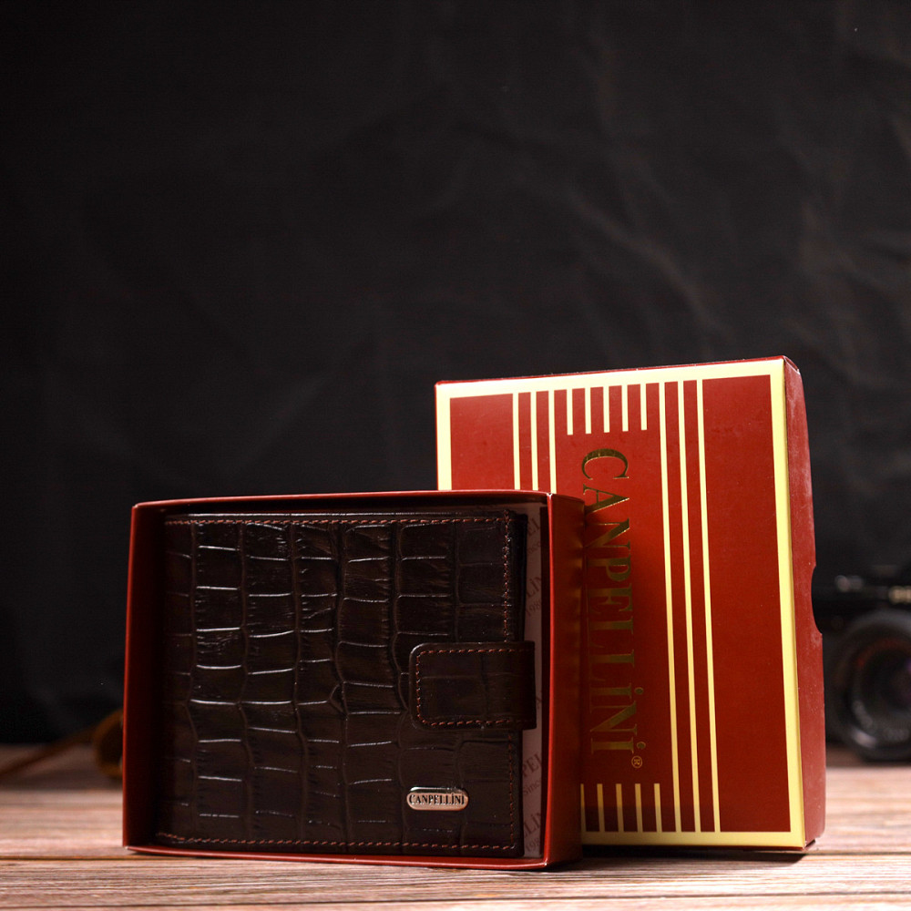 Гаманець для чоловіків горизонтального формату з натуральної шкіри з тисненням під крокодила Коричневий (CANPELLINI) Київ - фото 4