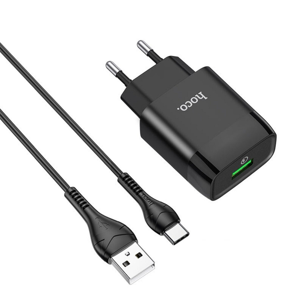 Мережевий зарядний пристрій HOCO C72Q Glorious single port QC3.0 charger set(Type-C)  Black Київ - фото 1