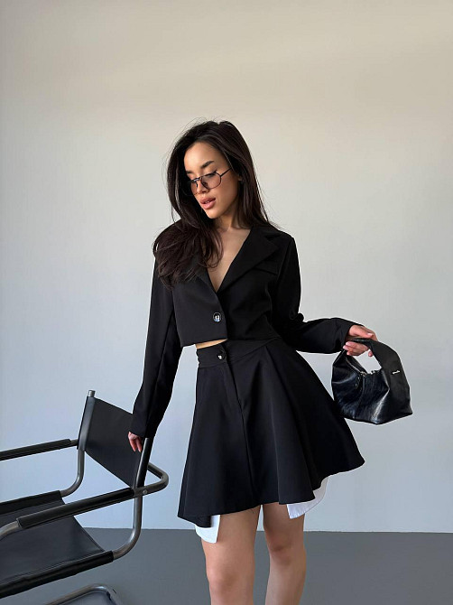 Жіночий костюм-двійка: укорочений піджак і спідниця з трендовою імітацією кишень турецька костюмка + котон Чорний, 44/46 Одеса - фото 4