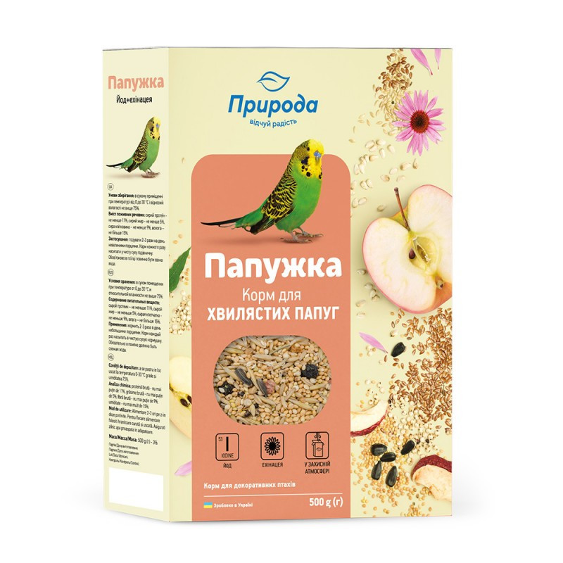 Повноцінний корм для хвилястих папуг "Папужка Йод + ехінацея" 500 г, Природа Вінниця - фото 1
