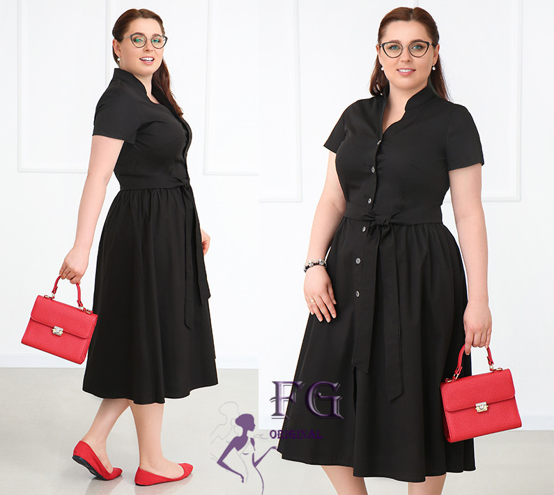 Довга котонова сукня на гудзиках "Lesley" оптом | Батал Чорний, 50-52 Київ - фото 2